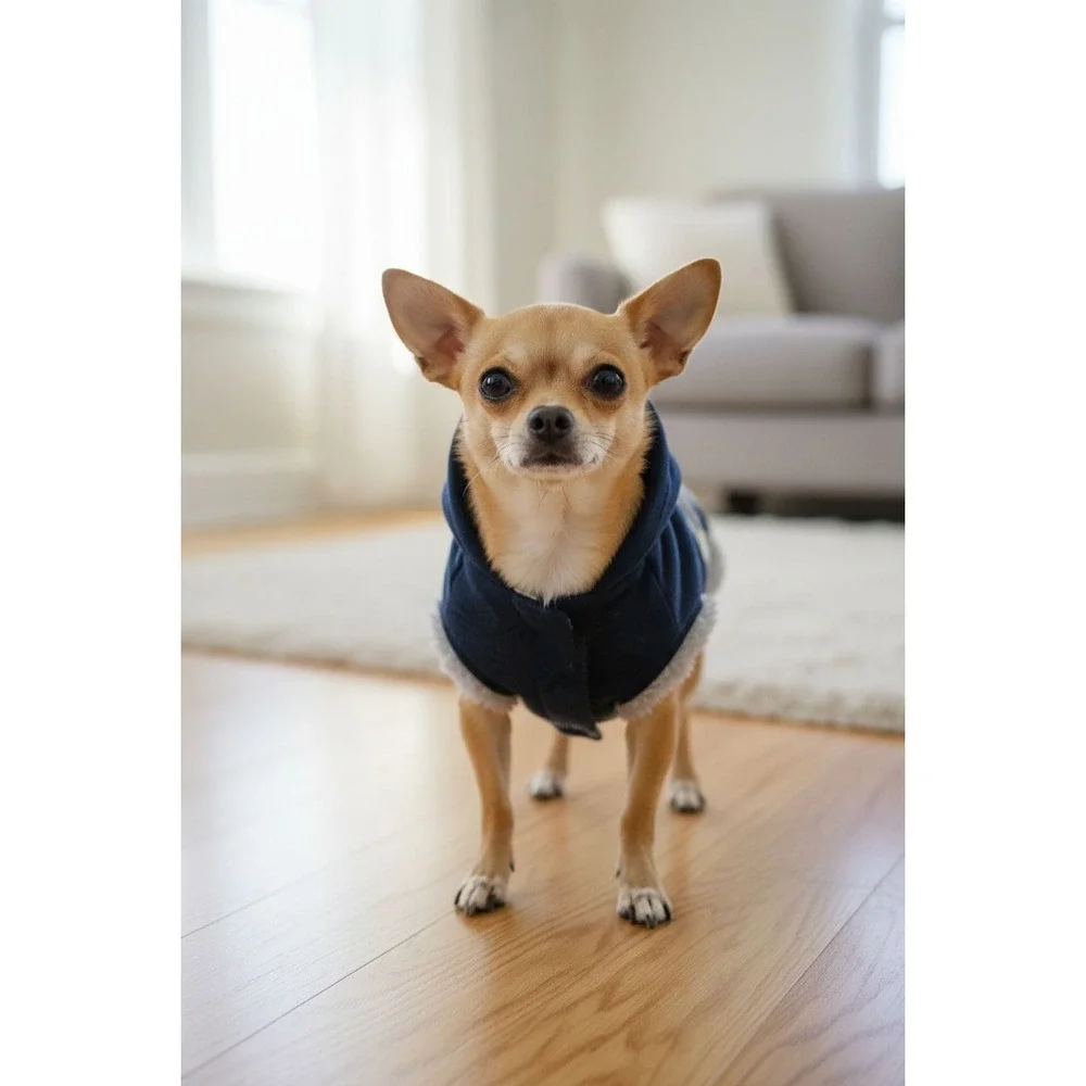 Navy Blue Dog Toggle Coat Hoodie Plaid Sherpa Lined Pet Jacket XS